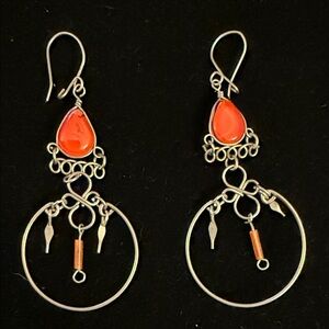 Elegant alpaca Silver and orange Dangle Earrings. Handmade in Peru